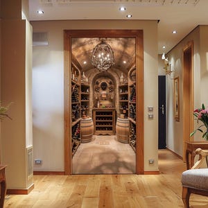 Wine Cellar Front Door Cover: Reusable Door fabric Banner With Wooden Whiskey Barrel