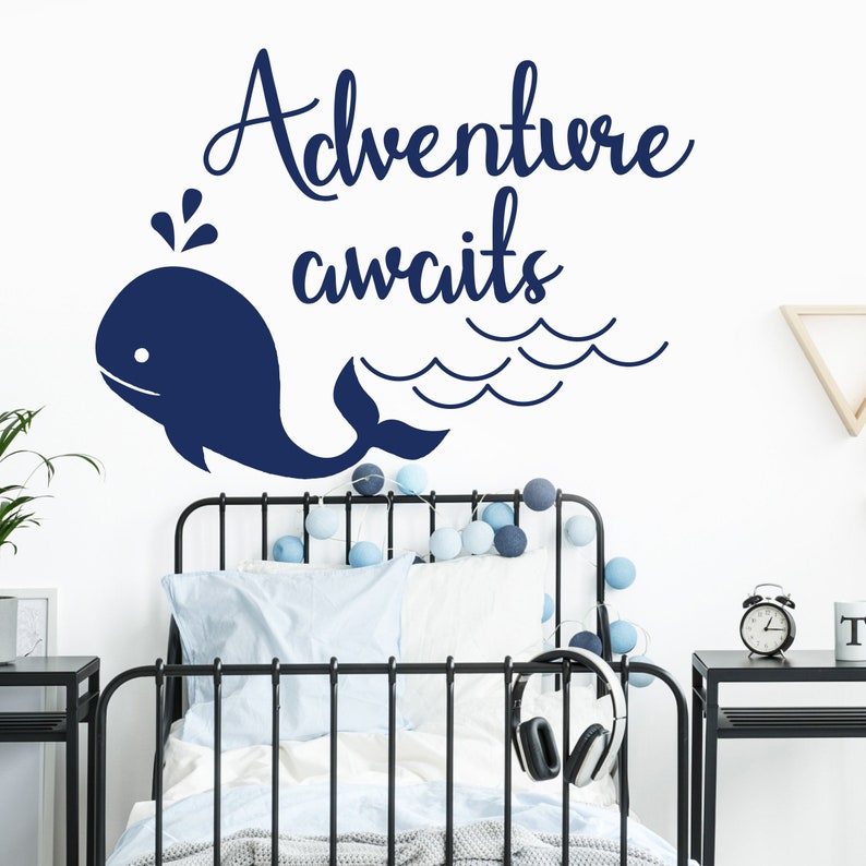 Nursery wall decal boy bedroom decor, adventure sticker whale decal nautical nursery decal kids room decor adventure awaits decal