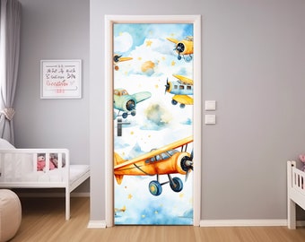 Vliegtuig 3d deur sticker kinderkamer, deur decor voor jongenskamer, aquarel vliegtuig in cloud sticker toegangsdeur huid, vliegtuig deur behang voor thuis