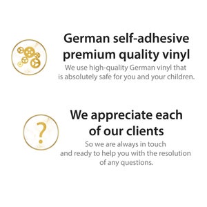 May include: Illustration of a gear and a question mark, with text that reads "German self-adhesive premium quality vinyl" and "We appreciate each of our clients". The text explains that the vinyl is safe for children and that the company is always available to help customers.