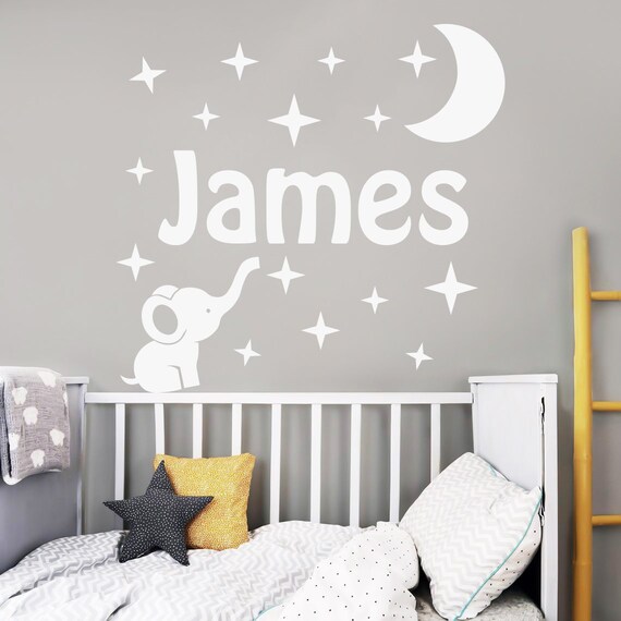 Name Wall Decal Elephant Decal Baby Room Decor Boy Name Decal Moon And Star Decal Elephant Sticker Baby Name Decal Elephant With Name