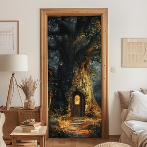 Magic house on tree door decal kids, woodland theme door fabric banner nursery, enchanted decor for entry door, fairytale door vinyl decor
