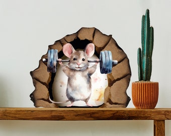 Sportsman mouse in hole wall decal, bedroom vinyl decor, watercolor mouse with dumbbell decor for home, baseboard sticker, cute animal decal
