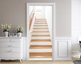 Realistic Stairs 3D Door Decal for Office: Wooden Stairs Reusable Banner
