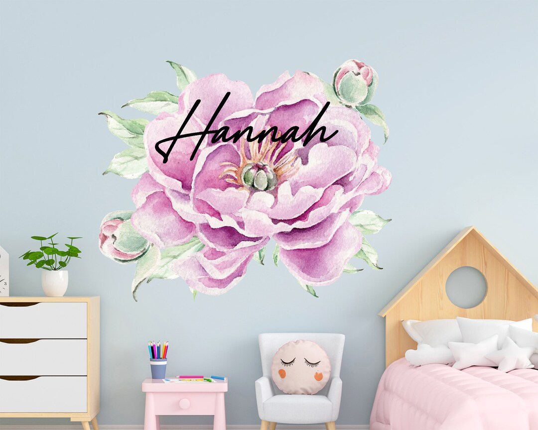 Personalized Peony Flower Wall Decal, Watercolor Nursery Decor - Etsy