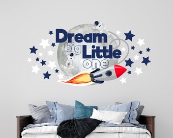 Rocket in space wall vinyl decal, kids room decor, dream big little one vinyl wall sticker, space theme decal for boy room, moon and stars