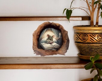 Vinilo decorativo de pared con un ratón leyendo un libro en un agujero, decoración para dormitorio, regalo divertido para amantes de los animales