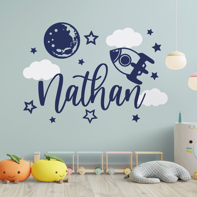 Boy Name Wall Decal Kids Room Decor Rocket Decal Baby Boy Etsy
