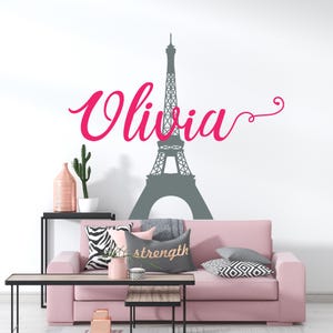 Calcomanía de pared con nombre personalizado de la Torre Eiffel para habitación de niños, vinilo decorativo con temática francesa para habitación de niña, vinilo decorativo de pared con la Torre Eiffel para habitación infantil.