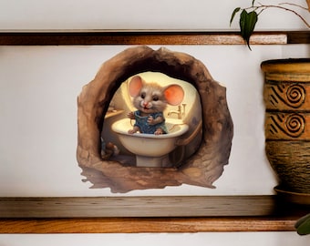 Muis zit op toilet in gat muur sticker, slaapkamer decor, muis gat 3D vinyl sticker, plint vinyl decor, schattige dieren sticker, interieur