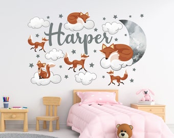 Fox wall decal, kids room decor, custom vinyl name decal, forest animal vinyl sticker, cute foxes on cloud with moon decal, girl room decor