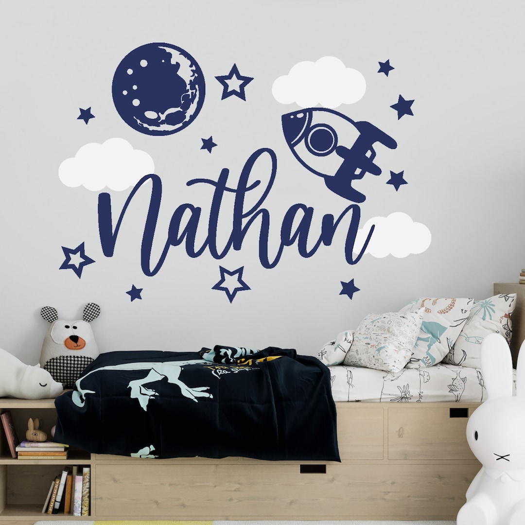 Custom Boy Name Wall Decal With Rocket Kids Room: Moon and Stars ...