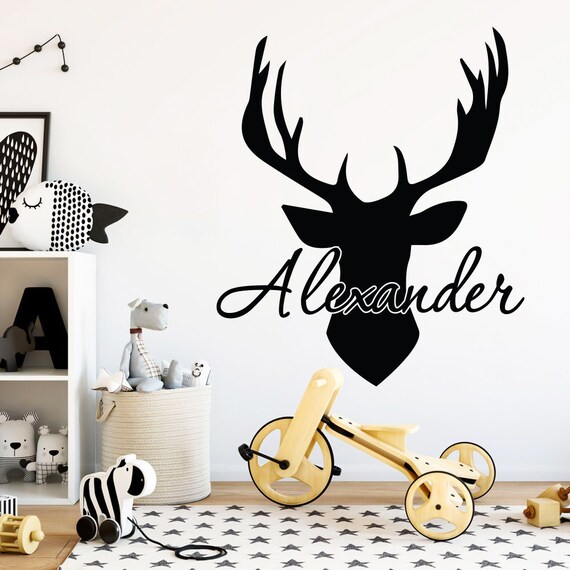 Boy Name Wall Decal Kids Room Decor Antler Deer Decal Boy Etsy