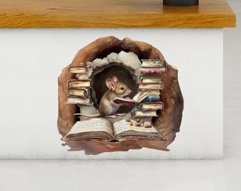 Mouse reading book in hole wall decal, bedroom vinyl decor, realistic mouse with books vinyl sticker, animal vinyl decal, gift for teacher