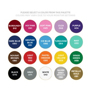 May include: A color palette chart with 18 color swatches. Each swatch is labeled with a color name and a code. The colors include burgundy, hot pink, soft pink, lilac, purple, dark blue, gentian blue, ice blue, turquoise, mint, nougat brown, light red, pastel orange, light yellow, grass green, black, gray, white, silver gray (metallic), and metallic gold.