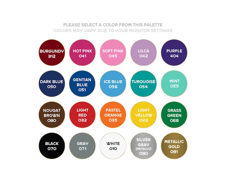 May include: A color palette chart with 18 color swatches. Each swatch is labeled with a color name and a code. The colors include burgundy, hot pink, soft pink, lilac, purple, dark blue, gentian blue, ice blue, turquoise, mint, nougat brown, light red, pastel orange, light yellow, grass green, black, gray, white, silver gray (metallic), and metallic gold.