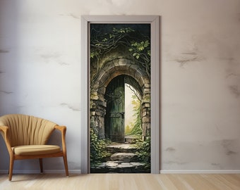 Peut inclure: Une porte avec une ouverture en arc mène à un chemin à travers un jardin verdoyant luxuriant. La porte est en bois et a une finition de peinture vert foncé. Le chemin est en pierre et est entouré de plantes et d'arbres verts.