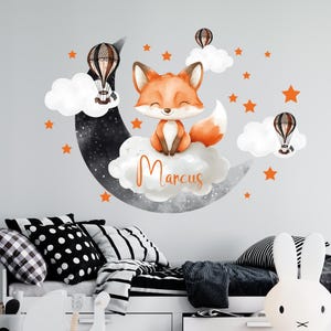 Personalized Watercolor Fox Nursery Decal:  Moon & Stars Vinyl Sticker Kids Room Decor