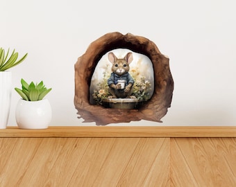 3D-muursticker muis drinkkoffie gat, verwijderbaar grappig dier voor keuken of plint
