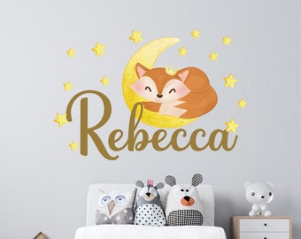 Fox muur sticker kinderkamer, aangepaste meisjesnaam vinyl stiker, kinderslaapkamer decor, aquarel schattige vos op gele maan met sterren meisje kamer decor