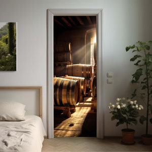 Wooden wine barrels in cellar door vinyl sticker, 3d door cover, removable door decal, home door decor, peel and stick door banner