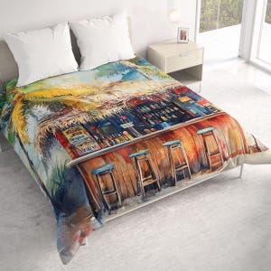 Beach Bar All Seasons Lightweight Comforter with Watercolor Art, Beach Contemporary Quilt Bedding, Twin, Queen, King, Coastal Bedspread