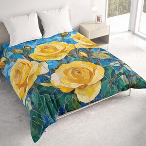 Yellow Roses All Seasons Lightweight Comforter with Mosaic Art Print, Contemporary Quilt Bedding, Twin, Queen, King, Floral Bedspread