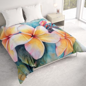 Plumeria Frangipani All Seasons Lightweight Comforter Watercolor Art, Island Contemporary Quilt Bedding, Twin Queen King, Tropical Bedspread