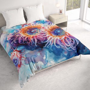 Sea Anemones All Seasons Lightweight Comforter with Watercolor Art, Beach Contemporary Quilt Bedding, Twin, Queen, King, Coastal Bedspread