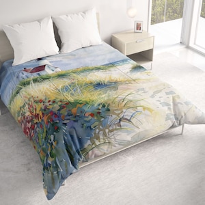 Lighthouse All Seasons Lightweight Comforter with Watercolor Art, Beach Contemporary Quilt Bedding, Twin, Queen, King, Coastal Bedspread