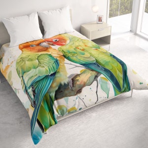 Lovebirds All Seasons Lightweight Comforter with Watercolor Art, Island Contemporary Quilt Bedding, Twin, Queen, King, Tropical Bedspread