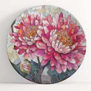 Plate with Pink Chrysanthemum Mosaic Art: Floral Unbreakable Indoor/Outdoor Dinnerware