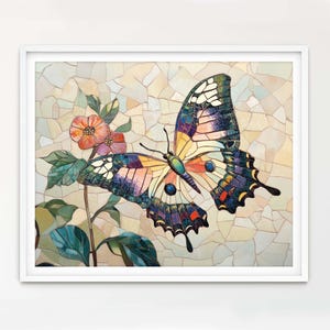 Butterfly Mosaic Art Print, Large Floral Wall Art, Mosaic Style Artwork, Modern Mosaic Home Decor, Contemporary Wood Frames