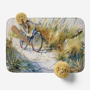 Bath Mat with Beach Bike Watercolor Art, Microfiber Memory Foam Bathroom Rug, Anti-Slip Backing, Beach Non Slip Bathroom Rug