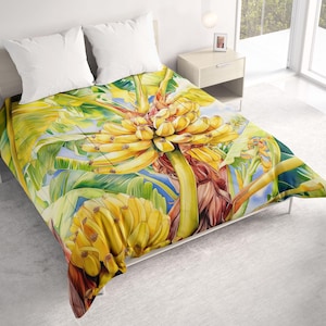 Banana Tree All Seasons Lightweight Comforter with Watercolor Art, Island Contemporary Quilt Bedding, Twin, Queen, King, Tropical Bedspread