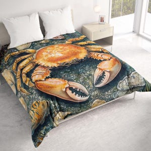 Crab All Seasons Lightweight Comforter with Watercolor Art, Beach Contemporary Quilt Bedding, Twin, Queen, King, Coastal Bedspread