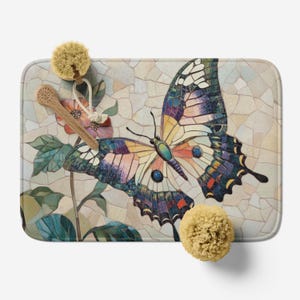 Bath Mat with Butterfly Mosaic Art, Microfiber Memory Foam Bathroom Rug, Anti-Slip Backing, Mosaic Style Non Slip Bathroom Rug