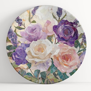 Plate with English Roses Mosaic Art: Floral Unbreakable Indoor/Outdoor Dinnerware