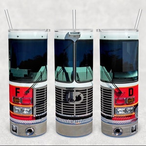 May include: A set of three stainless steel tumblers with a firefighter truck design. Each tumbler features a red and white front with the letters "F" and "D" on the sides. The design includes a dark blue windshield and a silver straw.