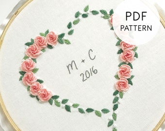 Hand Embroidery Pattern PDF Floral Heart, Roses Wreath, Anniversary/Wedding/Valentines Pattern, Embroidery Pattern Hand Heart Flowers Couple