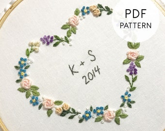 Hand Embroidery Pattern PDF Floral Heart, Anniversary/wedding/valentines  Rose Flower Wreath 3D, Printable Download, Pattern Design Hand 