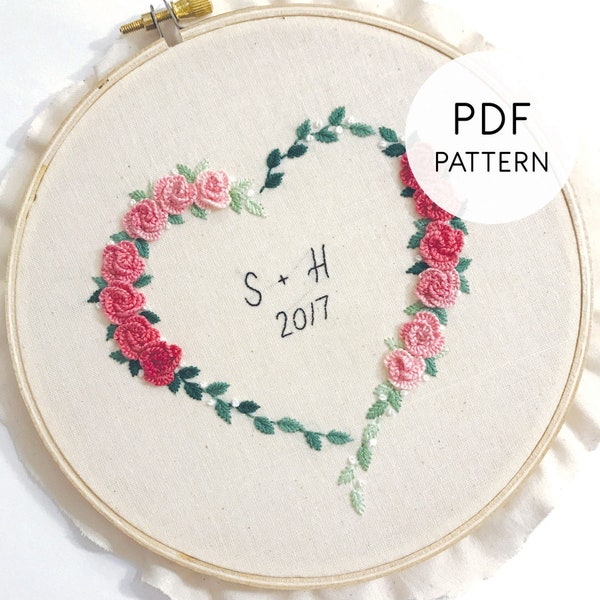 Hand Embroidery Pattern PDF Floral Heart, Anniversary/Wedding/Valentines Rose Flower Wreath 3D, Printable Download, Pattern Design Hand