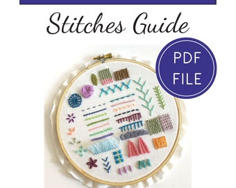 Puede incluir: Primer plano de un aro de bordado blanco con puntadas de bordado de colores, incluyendo una flor, hojas y formas geométricas. El texto "HAND EMBROIDERY" y "Stitches Guide" está en la parte superior de la imagen. Un círculo azul con el texto "PDF FILE" está en la esquina superior derecha.