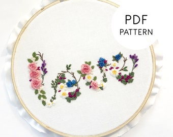 Hand Embroidery Pattern PDF Love Floral, Anniversary/Wedding/Valentines Pattern Rose Flowers, Printable Download PDF, Pattern Design Hand