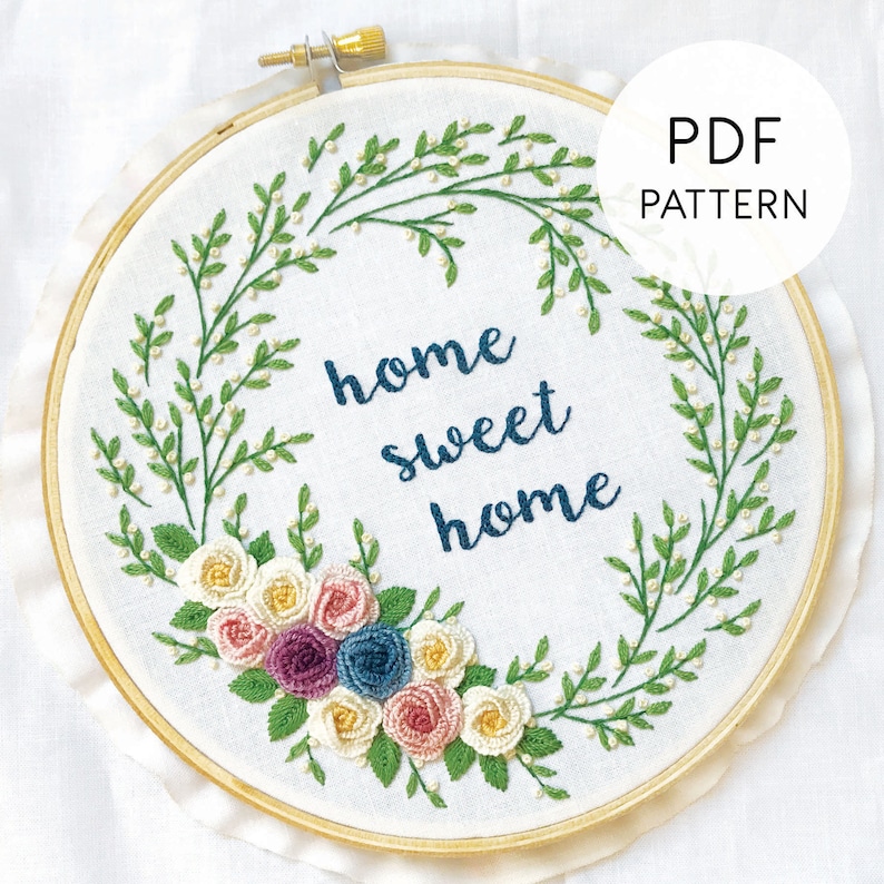 Hand Embroidery Pattern PDF Flower, Home Sweet Home, Floral Embroidery Pattern, Rose Embroidery Pattern, Floral Wreath Embroidery Pattern image 1