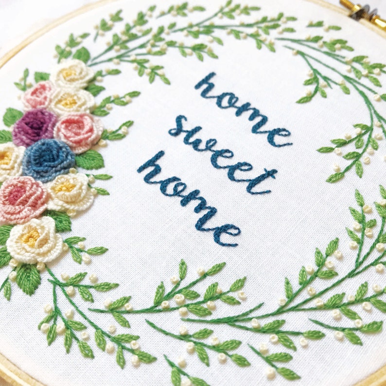 Hand Embroidery Pattern PDF Flower, Home Sweet Home, Floral Embroidery Pattern, Rose Embroidery Pattern, Floral Wreath Embroidery Pattern image 4