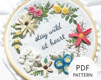 Hand Embroidery Pattern PDF Floral Embroidery Design, Flower Wreath Embroidery Pattern, Stay Wild At Heart, Printable Pattern PDF Download