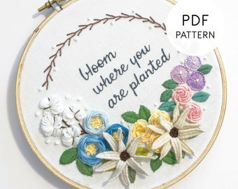 Hand Embroidery Pattern PDF Floral Embroidery Design, Flower Wreath, Bloom Where You Are Planted, Wildflowers Pattern Printable Download