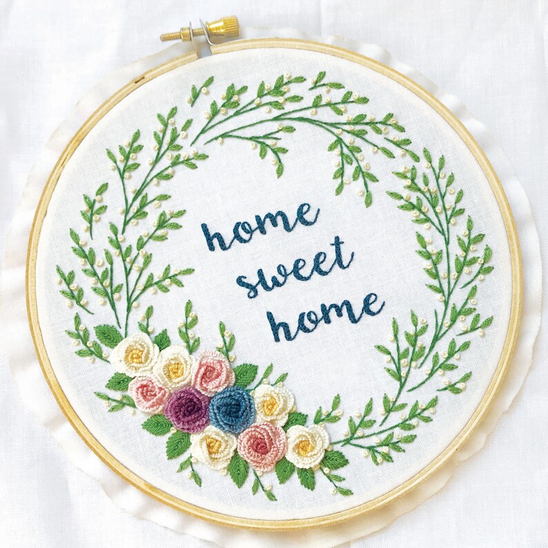 Hand Embroidery Pattern PDF Flower, Home Sweet Home, Floral Embroidery Pattern, Rose Embroidery Pattern, Floral Wreath Embroidery Pattern image 2