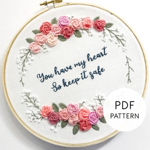Hand Embroidery Pattern PDF Floral Embroidery Design, Anniversary/Wedding/Valentines Pattern Rose Flower Wreath, Printable Pattern Download image 1